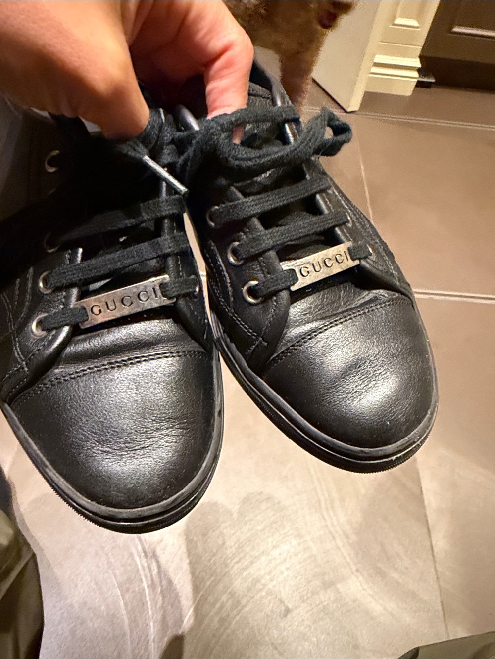 Gucci Black Leather Sneakers with Branded Lace Plate